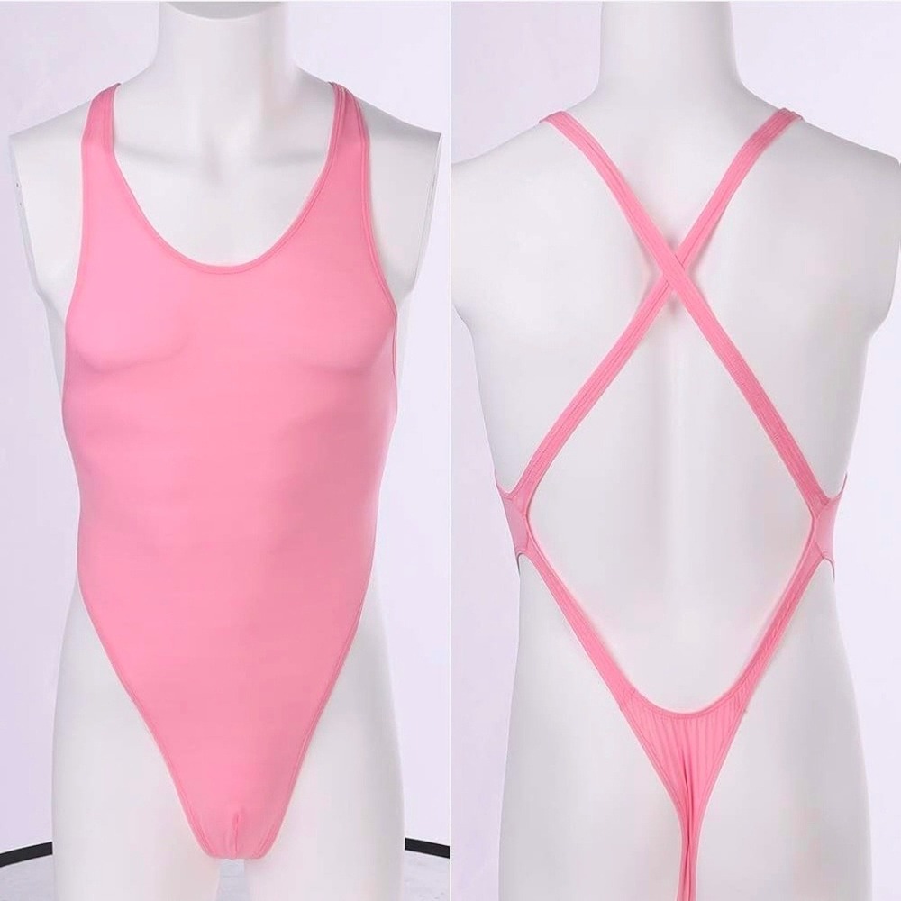 ABAFIP Mens Pink High Cut Singlet Bodysuit XL Crossback Leotard